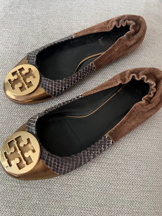 Tory Burch Shoes - Tory Burch Brown Gold Reva Round Toe Slip On Ballet Flats Shoes Size 9M